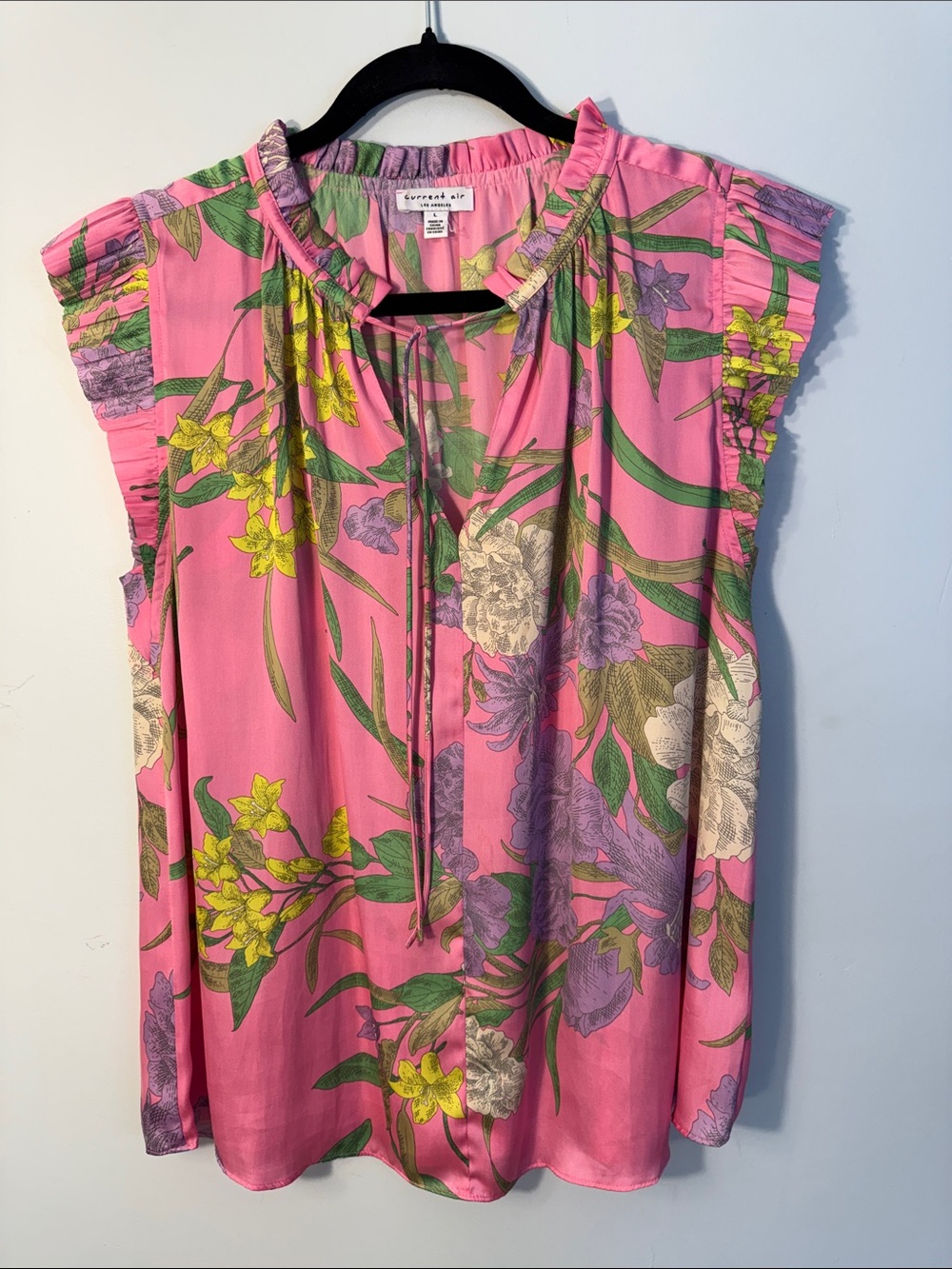 Current Air Pink Floral Tie-Neck Ruffled Cap Sleeve Top